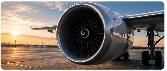 Modern turbofan aircraft engine on the ground with the horizon in the background